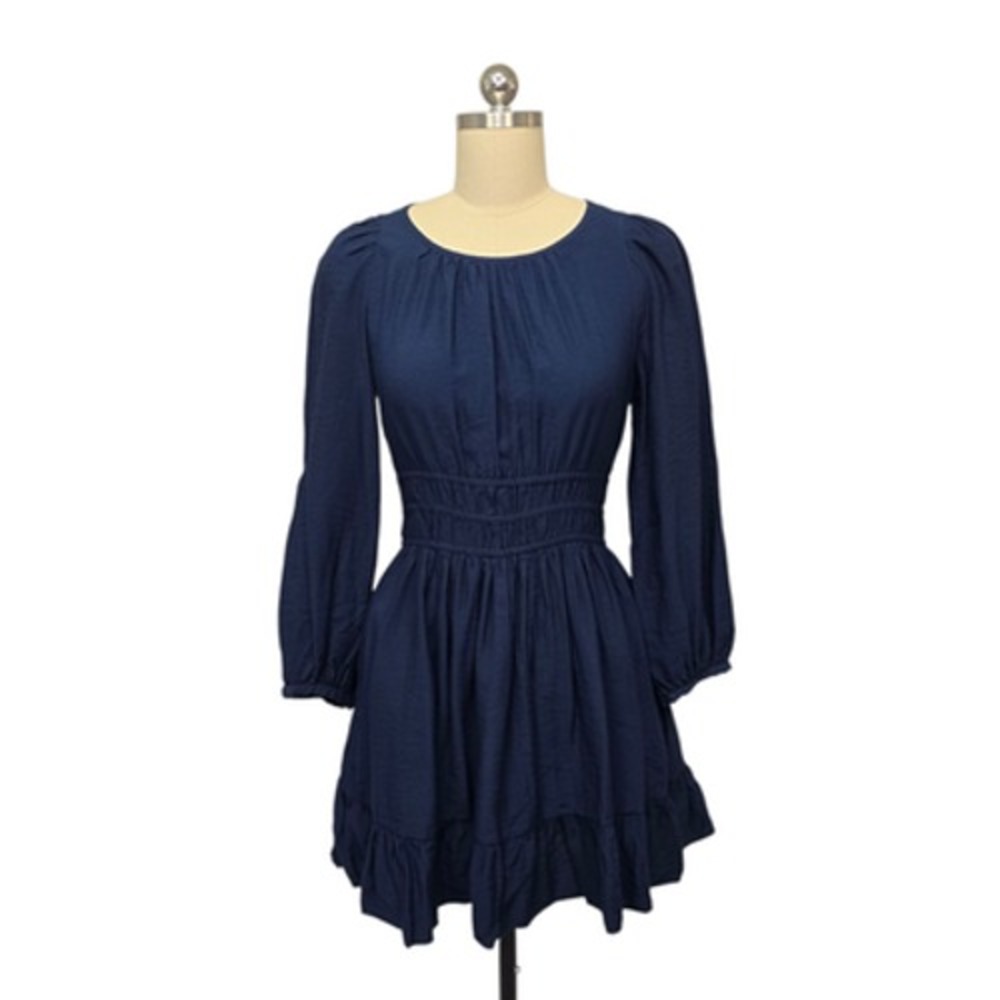 Madewell Dress Womens Small Navy Open Back Tie Smocked Waist Ruffle‎ Hem Mini